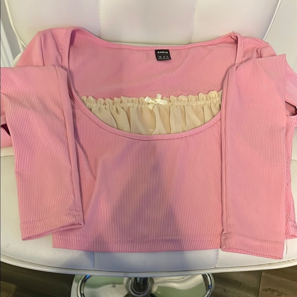Pink Ribbed Crop Top with Cream Detail